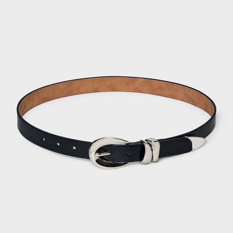 slide 2 of 3, Women's Organic Silver Buckle Belt - A New Day™ Black M: Adjustable Skinny Strap, Solid Pattern, 1 ct