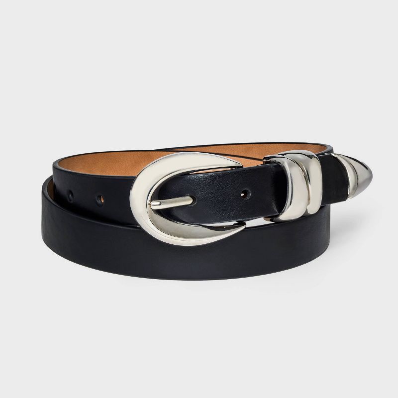 slide 1 of 3, Women's Organic Silver Buckle Belt - A New Day™ Black XL: Adjustable Strap, Skinny Style, Solid Pattern, 1 ct