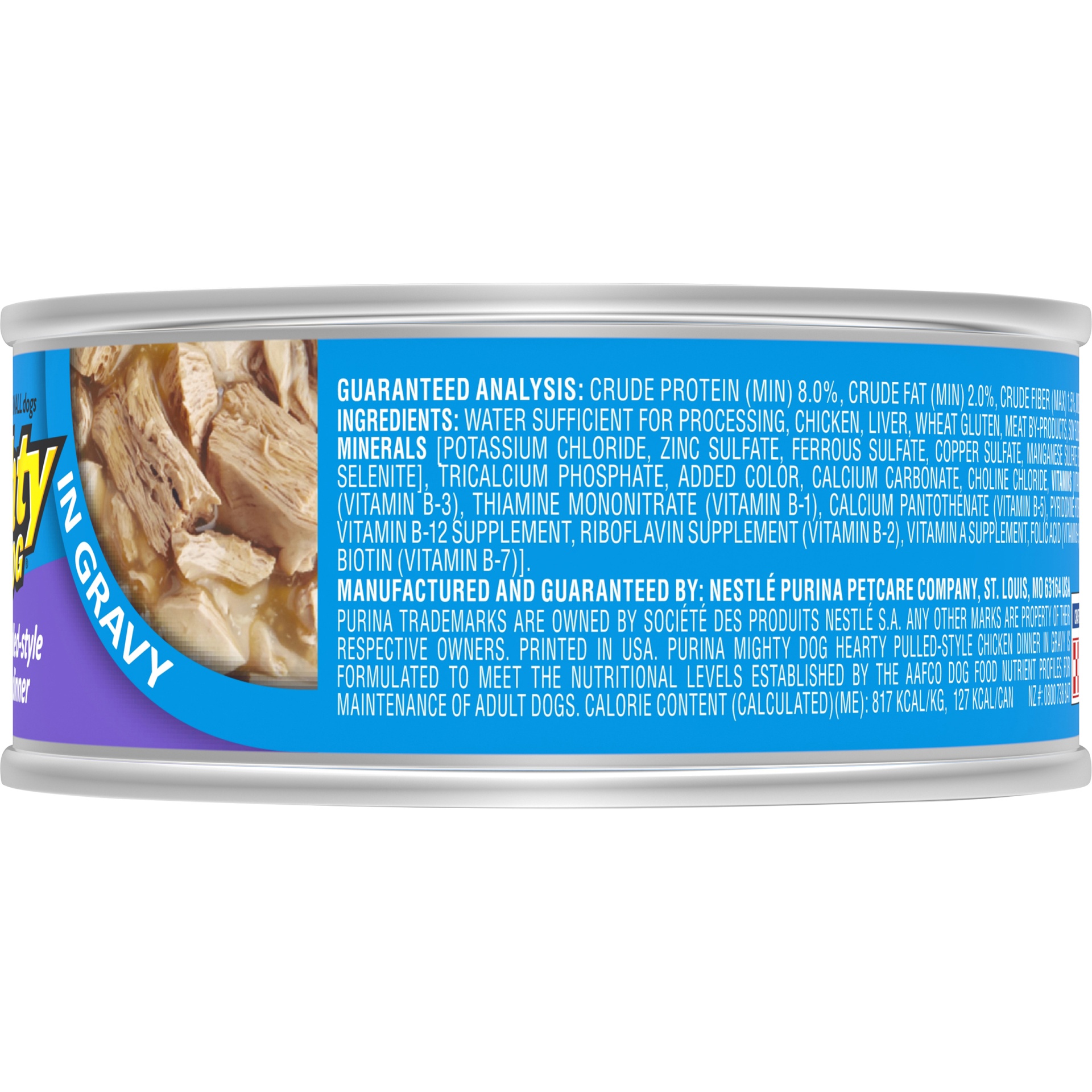 slide 3 of 7, Mighty Dog Purina Mighty Dog Small Breed Gravy Wet Dog Food, Hearty Pulled-Style Chicken Dinner Pull-Top Can, 6.04 oz