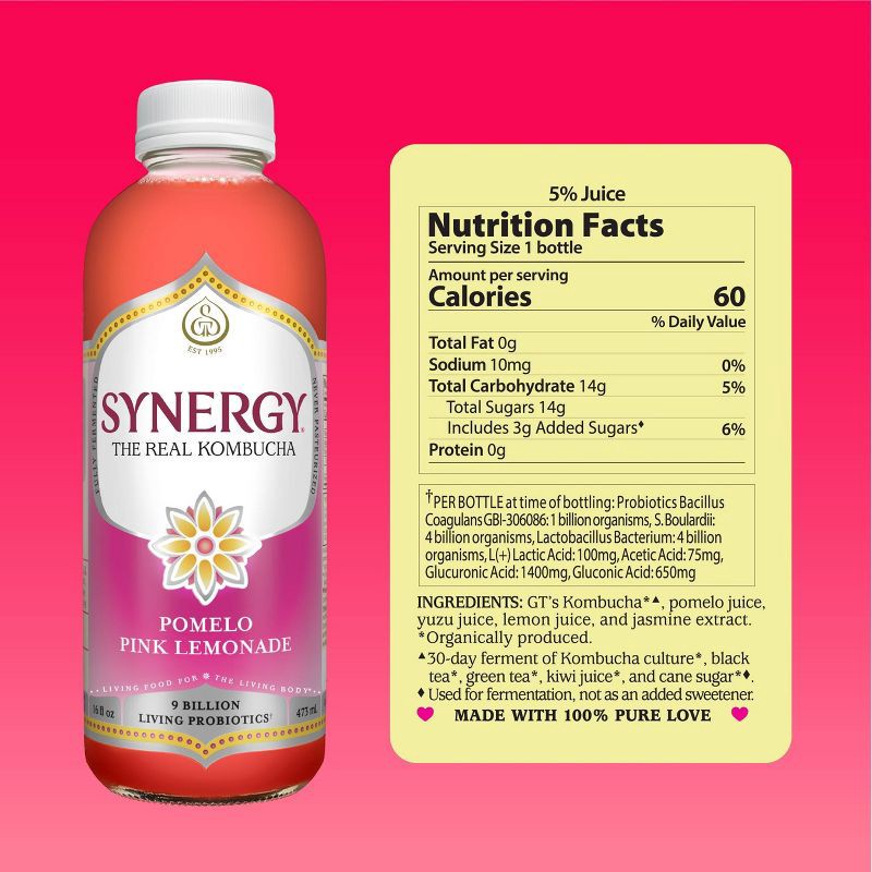 slide 5 of 8, GT's Synergy The Real Kombucha, Pomelo Pink Lemonade – 16 fl oz, 16 fl oz