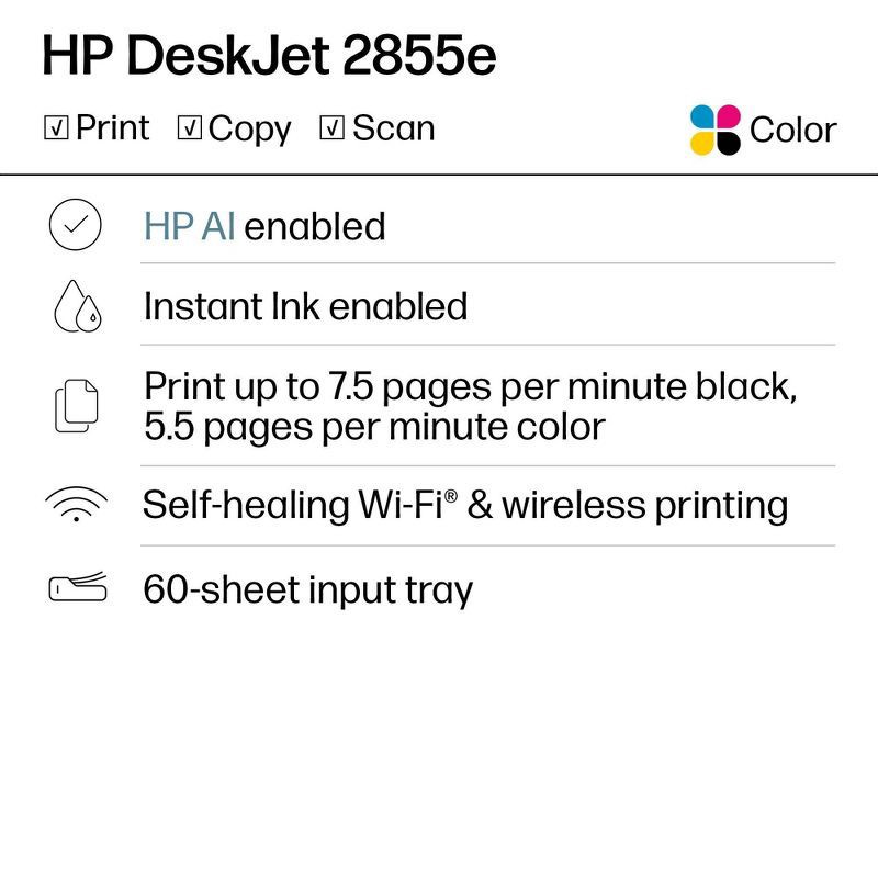slide 2 of 18, HP Inc. HP DeskJet 2855e Wireless All-in-One Color Printer Scanner Copier with 3 Months Free Instant Ink (588S5A), 1 ct