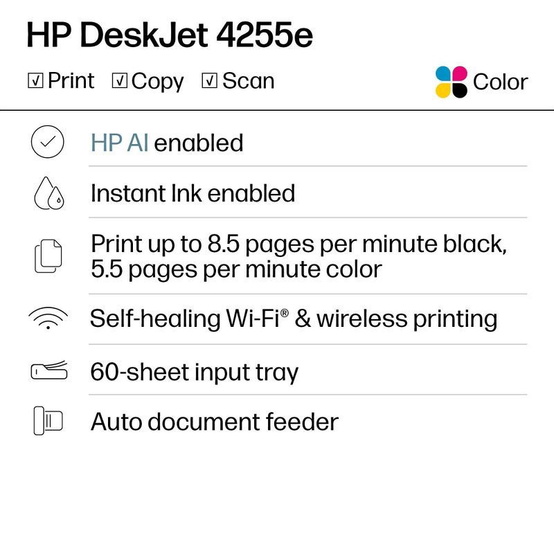 slide 2 of 18, HP Inc. HP DeskJet 4255e Wireless All-in-One Color Printer Scanner Copier with 3 Months Free Instant Ink (588S6A), 1 ct