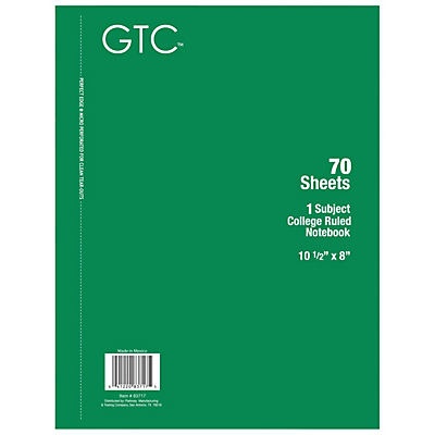 slide 1 of 1, GTC 1 Subject College Ruled Notebook Green, 70 ct