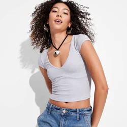 Women's Short Sleeve Ribbed V-Neck T-Shirt - Wild Fable™ Blue S