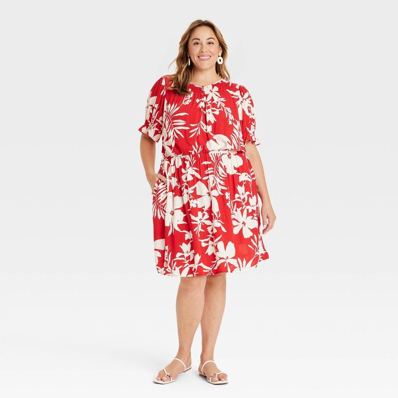 slide 1 of 3, Women's Short Sleeve Mini A-Line Dress - Ava & Viv™ Red Floral XXL, 1 ct