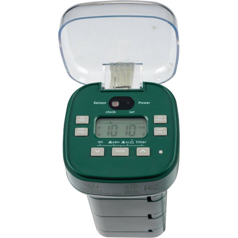slide 2 of 5, General Electric GE Outdoor Digital Stake Timer 6 Grounded Outlet Dusk to Dawn Photocell On/Off 2 Setting 18" Cord: Green Plastic, 1-Year Warranty, 1 ct