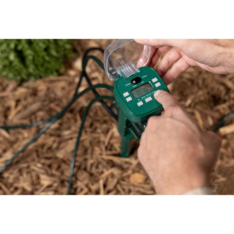 slide 4 of 5, General Electric GE Outdoor Digital Stake Timer 6 Grounded Outlet Dusk to Dawn Photocell On/Off 2 Setting 18" Cord: Green Plastic, 1-Year Warranty, 1 ct