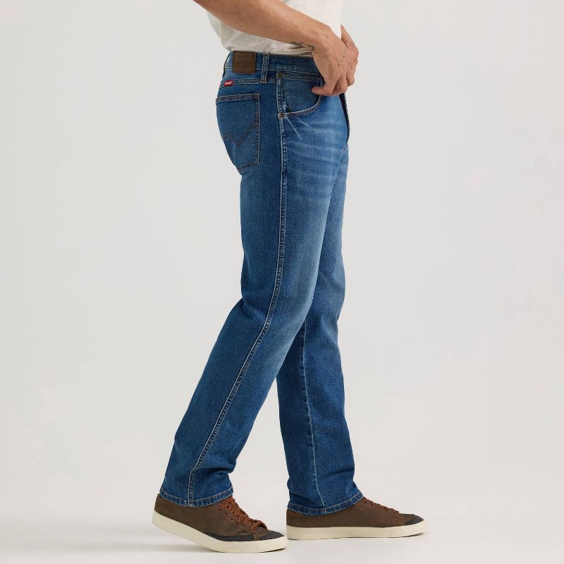 slide 4 of 7, Wrangler Men's Straight Leg Jeans - Indigo 34x29: Midweight Denim, Cotton Blend, Stretch, Mid Rise, Fly Button Closure, 1 ct