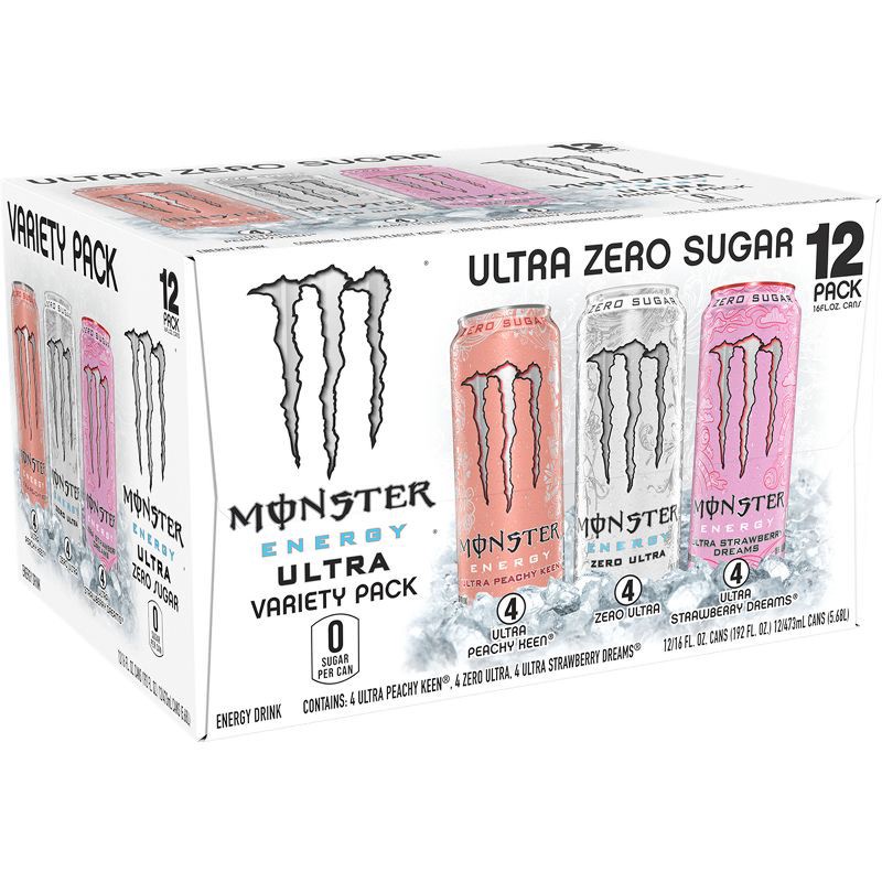 slide 3 of 6, Monster Energy Monster Ultra Variety Pack Including Zero Ultra/Peachy Keen/Strawberry Dreams, Energy Drink - 12pk/16 fl oz Cans, 12 ct; 16 fl oz