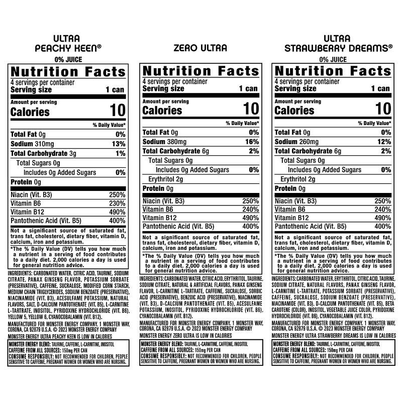 slide 4 of 6, Monster Energy Monster Ultra Variety Pack Including Zero Ultra/Peachy Keen/Strawberry Dreams, Energy Drink - 12pk/16 fl oz Cans, 12 ct; 16 fl oz
