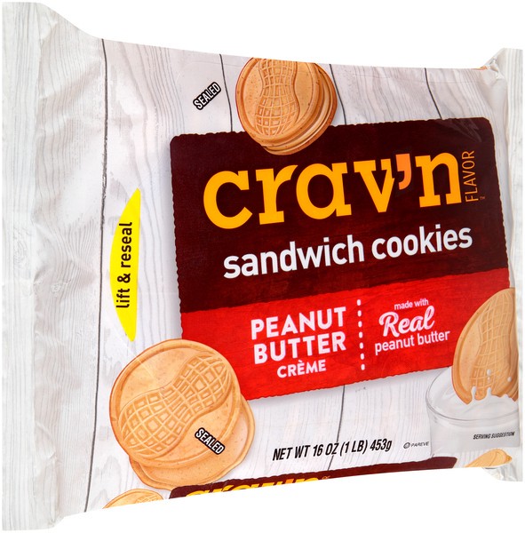 slide 1 of 9, Crav'n Flavor Peanut Butter Creme Sandwich Cookies 16 oz, 16 oz