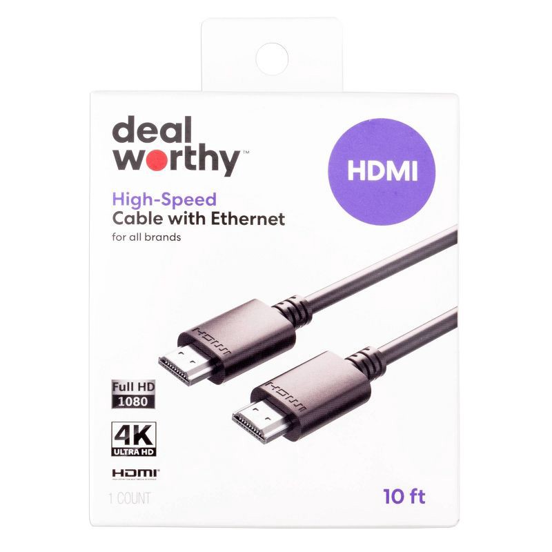 slide 2 of 3, HDMI High Speed Cable with Ethernet 10' Cable - dealworthy™ Black: 10ft Male-to-Male AV Cable, 10 ft