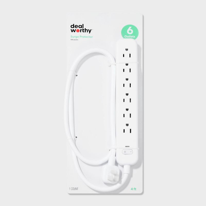 slide 1 of 3, 6-Outlet Surge Protector with 4' Extension Cord 720J - dealworthy™ White: LED, Circuit Breaker, Grounded, 1 ct