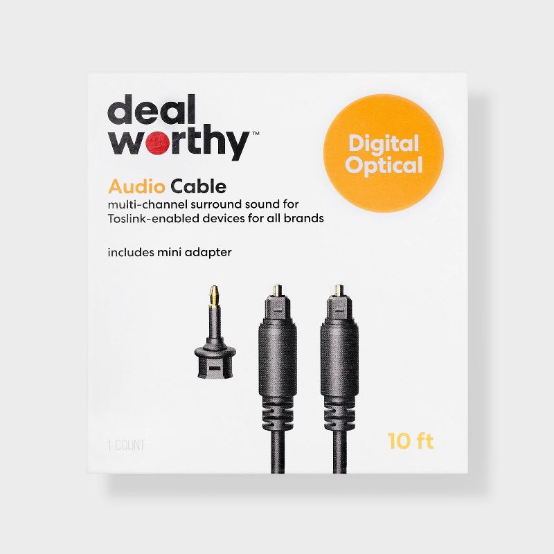 slide 1 of 3, 10' Toslink Digital Fiber Optic Cable with Mini Adapter - dealworthy™: AV Cables, 10 Feet, Male-To-Male, 1 ct