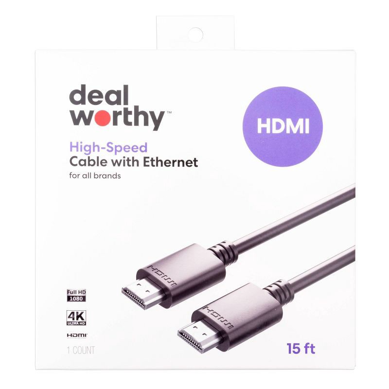 slide 2 of 3, HDMI High Speed Cable with Ethernet 15' Cable - dealworthy™ Black: Male-To-Male AV Cord, 1 ct