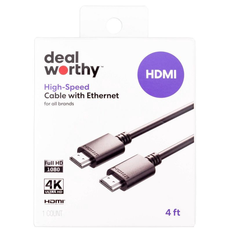 slide 2 of 3, HDMI High Speed Cable with Ethernet 4' Cable - dealworthy™ Black: Male-to-Male Connection, 1 ct