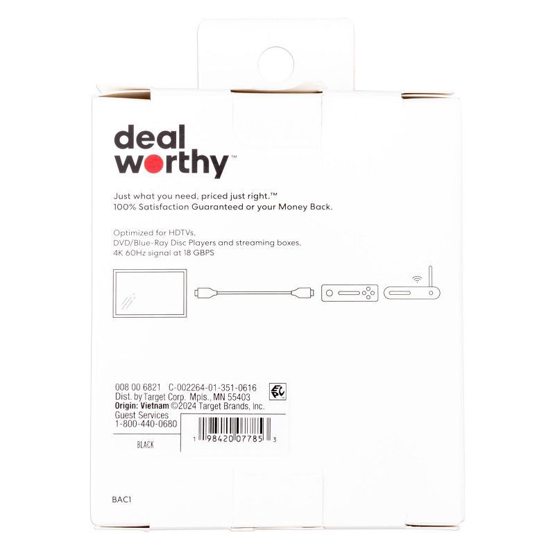 slide 3 of 3, HDMI High Speed Cable with Ethernet 4' Cable - dealworthy™ Black: Male-to-Male Connection, 1 ct