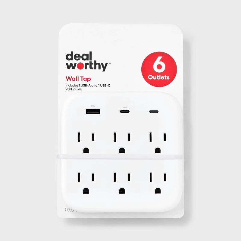 slide 1 of 4, 6-Outlet Surge Protector Wall Tap 900J with USB C and USB A - dealworthy™ White, 1 ct