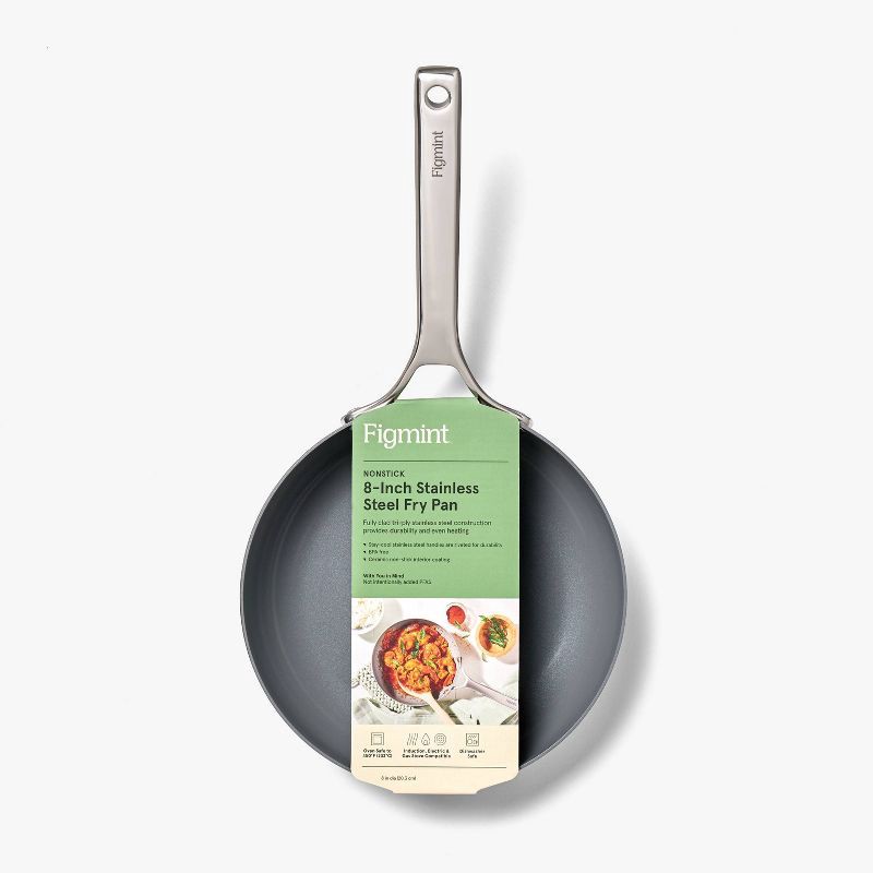 slide 5 of 6, 8" Nonstick Stainless Steel Fry Pan Silver - Figmint™: Ceramic Nonstick, Induction Safe, Oven-Safe to 500°F, 1 ct