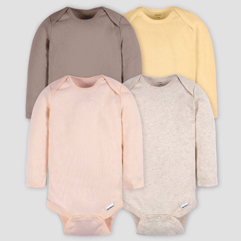 slide 1 of 5, Gerber Baby 4pk Long Sleeve Onesies - Pink/Beige/Yellow 0-3M: Cotton Knit Bodysuits, Infant Apparel, Machine Washable, Crotch Snap Closure, 4 ct