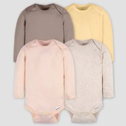 Gerber Childrenswear Gerber Baby 4pk Long Sleeve Onesies - Pink/Beige/Yellow 3-6M: Cotton Knit Bodysuits, Pullover & Crotch Snap, Machine Washable