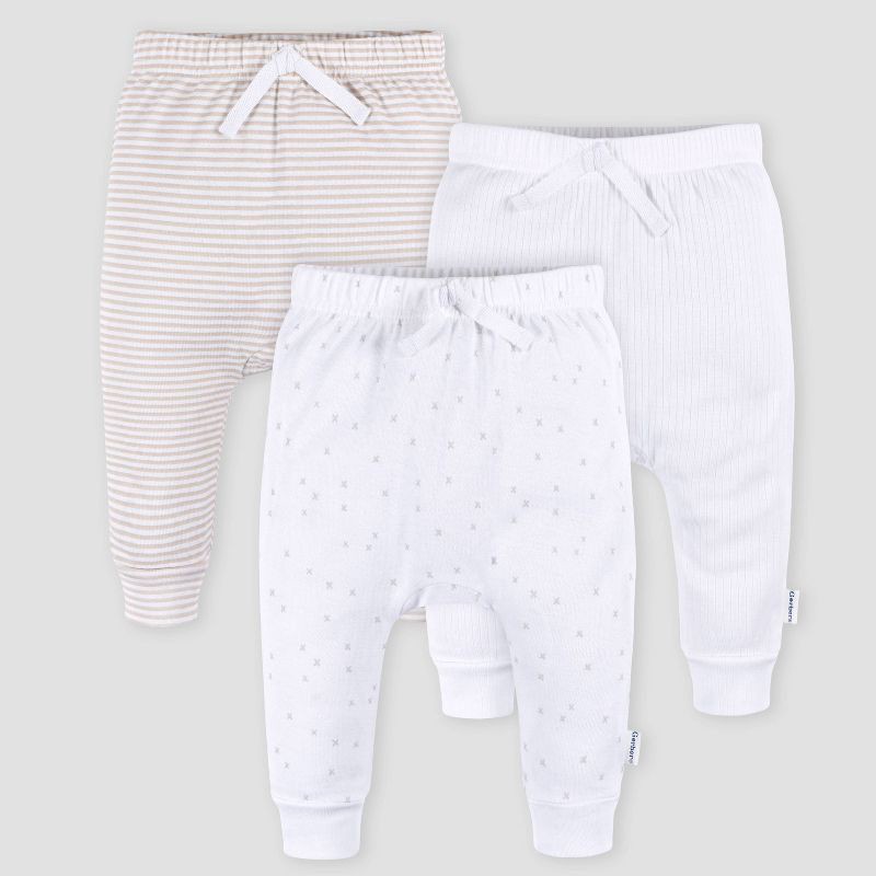 slide 1 of 7, Gerber Baby 3pk Jogger Pants - White Newborn: Cotton Knit, Elastic Waist, Tapered Ankle, Midweight Fabric, 3 ct