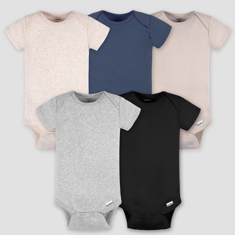 slide 1 of 6, Gerber Baby 5pk Short Sleeve Onesie - Cream 6-9M: Cotton Knit Bodysuits, Pullover Crotch Snap, 5 ct