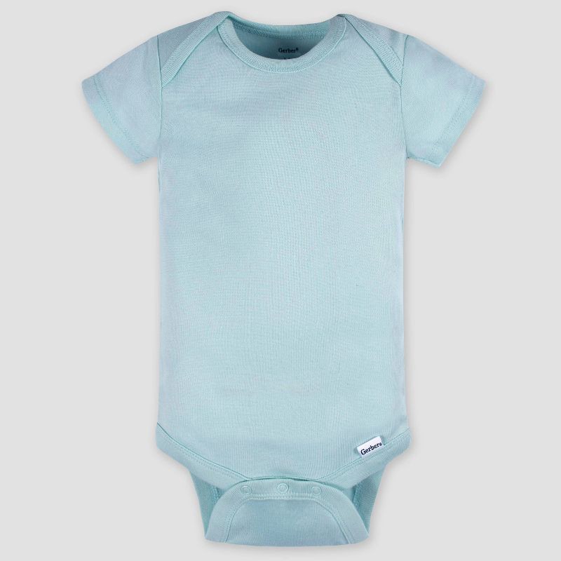 slide 6 of 7, Gerber Baby 5pk Short Sleeve Onesies - Blue 12M: Cotton Knit Bodysuits, Pullover & Crotch Snap, 5 ct