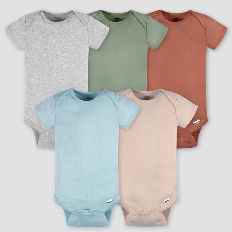slide 1 of 7, Gerber Baby 5pk Short Sleeve Onesies - Blue 12M: Cotton Knit Bodysuits, Pullover & Crotch Snap, 5 ct