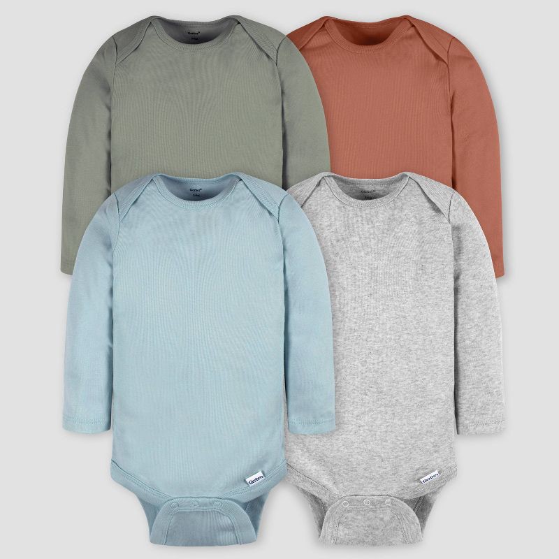 slide 1 of 5, Gerber Baby 4pk Long Sleeve Onesies - Blue/Gray 12M: Cotton Knit Bodysuits, Pullover & Snap Closure, 4 ct