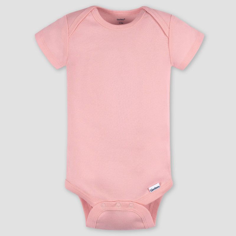 slide 2 of 6, Gerber Baby 5pk Short Sleeve Onesies - Pink 12M: Cotton Knit Bodysuits, Lightweight Fabric, Crew Neck, Crotch Snap Closure, 5 ct