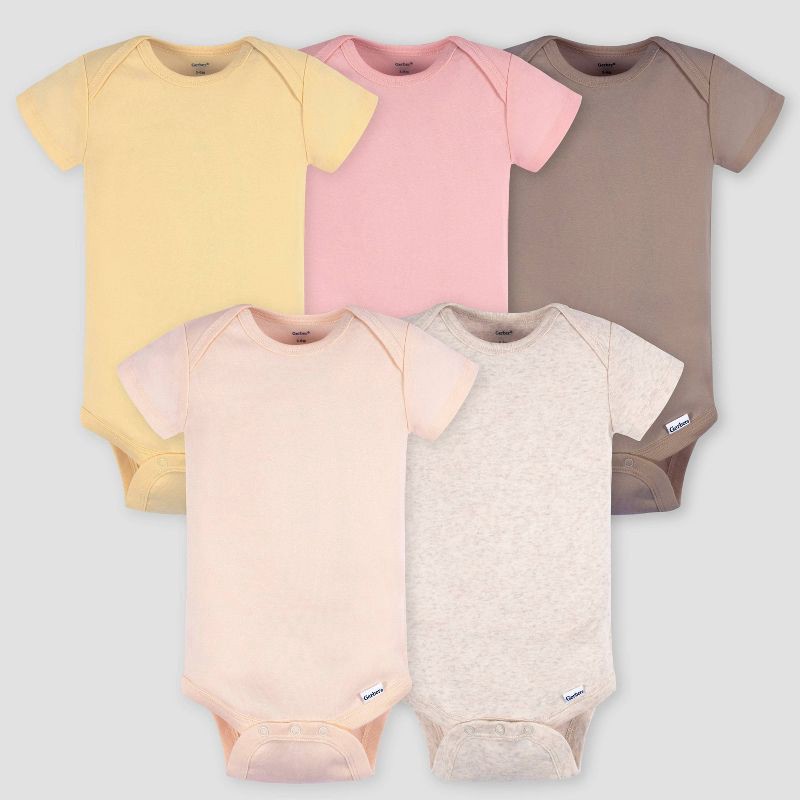 slide 1 of 6, Gerber Baby 5pk Short Sleeve Onesies - Pink 12M: Cotton Knit Bodysuits, Lightweight Fabric, Crew Neck, Crotch Snap Closure, 5 ct