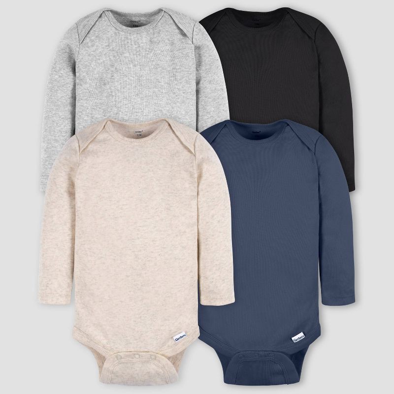 slide 1 of 5, Gerber Baby 4pk Long Sleeve Onesies - Neutral 12M: Cotton Knit Bodysuits, Pullover Crotch Snap, 4 ct
