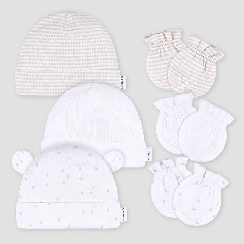 slide 1 of 7, Gerber Baby 3pk Hats & Mittens - White, 3 ct