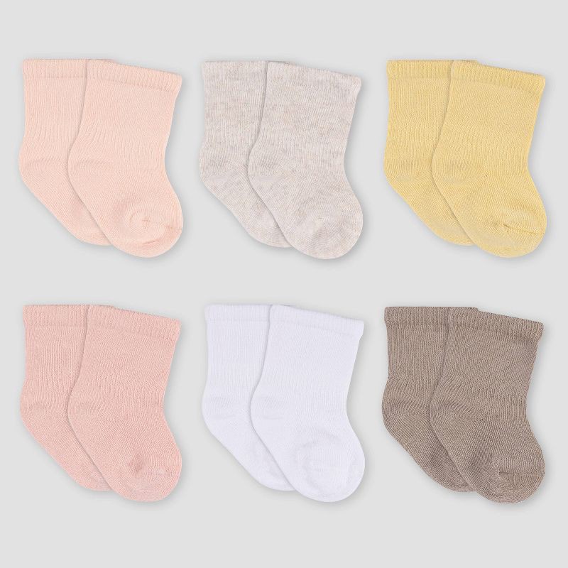 slide 1 of 9, Gerber Baby 6pk Wiggle Proof Socks - Pink 0-6M: Crew Height, Knit Construction, 6 ct
