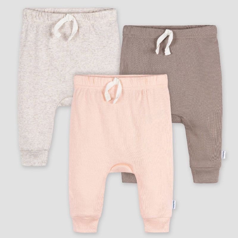 slide 1 of 6, Gerber Baby 3pk Jogger Pants - Pink 12M: Cotton & Spandex, Elastic Ankle, Pull-On Waist, Knit Fabric, 3 ct