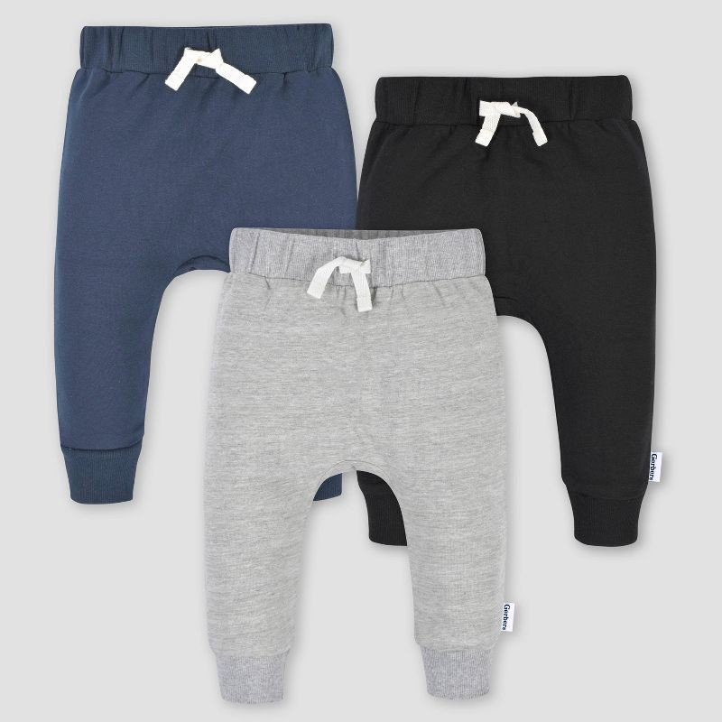 slide 1 of 4, Gerber Baby 3pk Jogger Pants - Heathered Gray Newborn: Cotton & Spandex, Elastic Ankle, Pull-On Waist, 3 ct