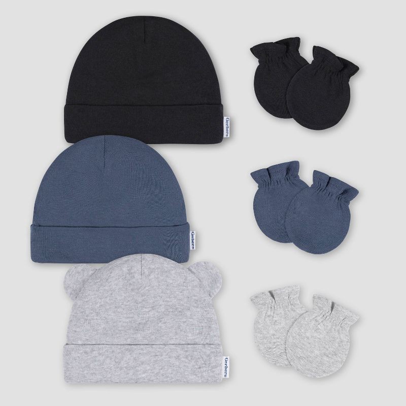 slide 1 of 7, Gerber Baby 6pk Hat & Mitten Set - Gray: Cotton Knit, Elastic Cuffs, 0-12 Months, 6 ct