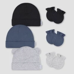 Gerber Baby 6pk Hat & Mitten Set - Gray: Cotton Knit, Elastic Cuffs, 12 Months