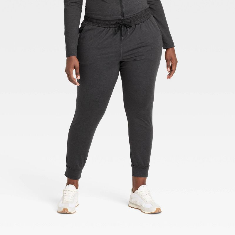 slide 3 of 5, Women's Soft Stretch Mid-Rise Jogger Pants - All In Motion™ Heathered Black XS: Recycled Polyester, Spandex, Slim Fit, UPF 50+, 1 ct