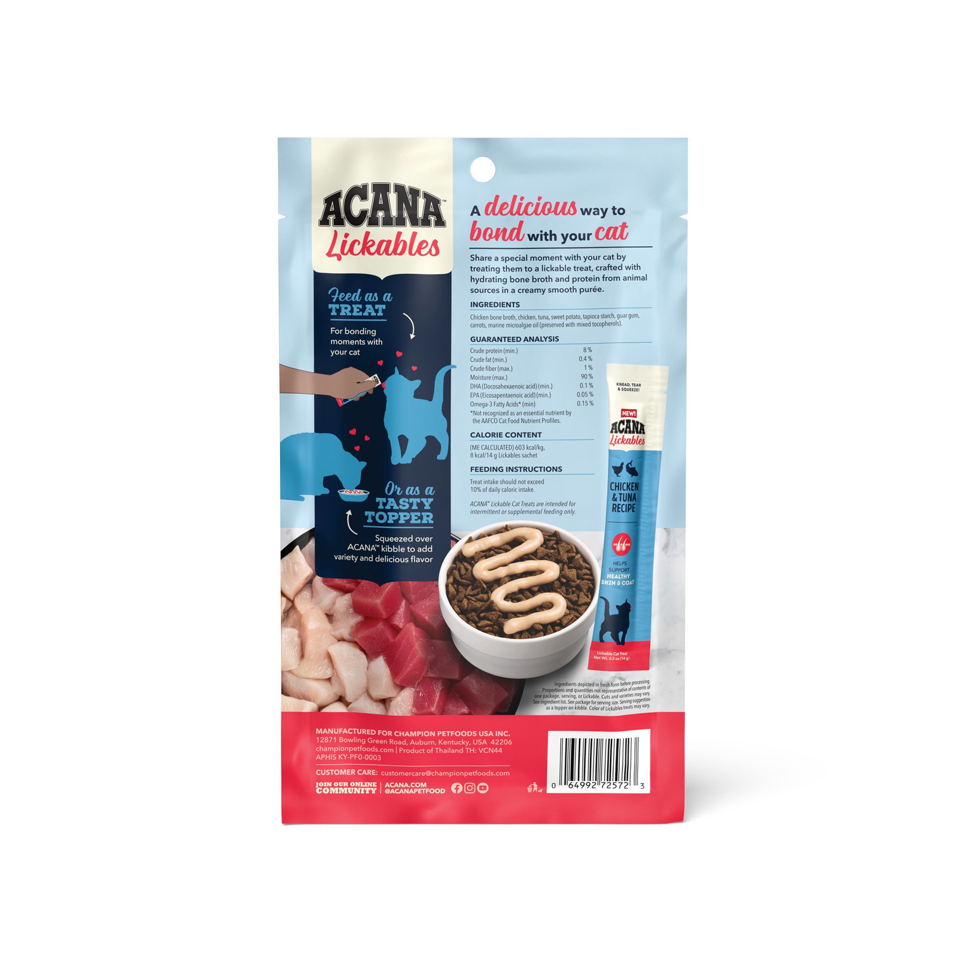 slide 3 of 3, ACANA Lickables Chicken & Tuna Recipe Heakthy Skin & Coat Cat Treats, 2.5 oz., Count of 5, 1 ct
