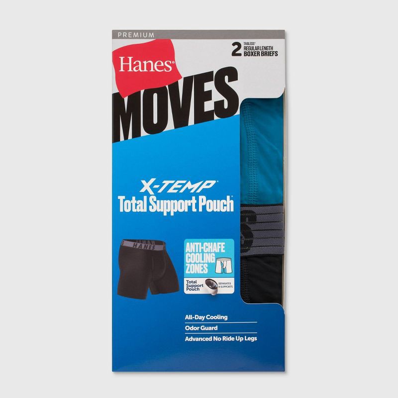 slide 2 of 9, Hanes Premium Hanes Moves Premium Men's Anti-Chafe Total Support Pouch X-Temp Boxer Briefs 2pk - Black/Blue S: Moisture Wicking, 4-Way Stretch, Breathable Mesh, 2 ct