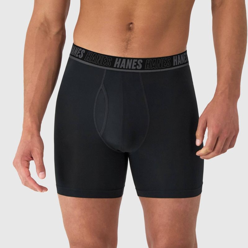 slide 3 of 9, Hanes Premium Hanes Moves Premium Men's Anti-Chafe Total Support Pouch X-Temp Boxer Briefs 2pk - Black/Blue L: Moisture Wicking, Breathable Mesh, 2 ct