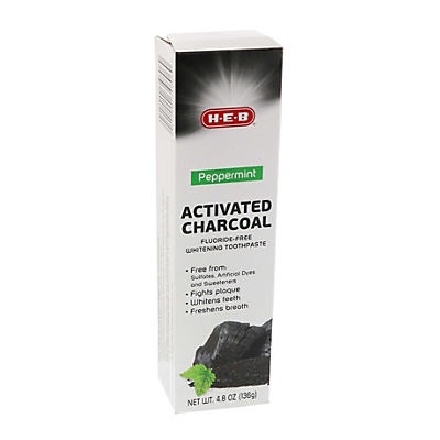 slide 1 of 1, H-E-B Activated Charcoal Fluoride Free Whitening Peppermint Toothpaste, 4.8 oz