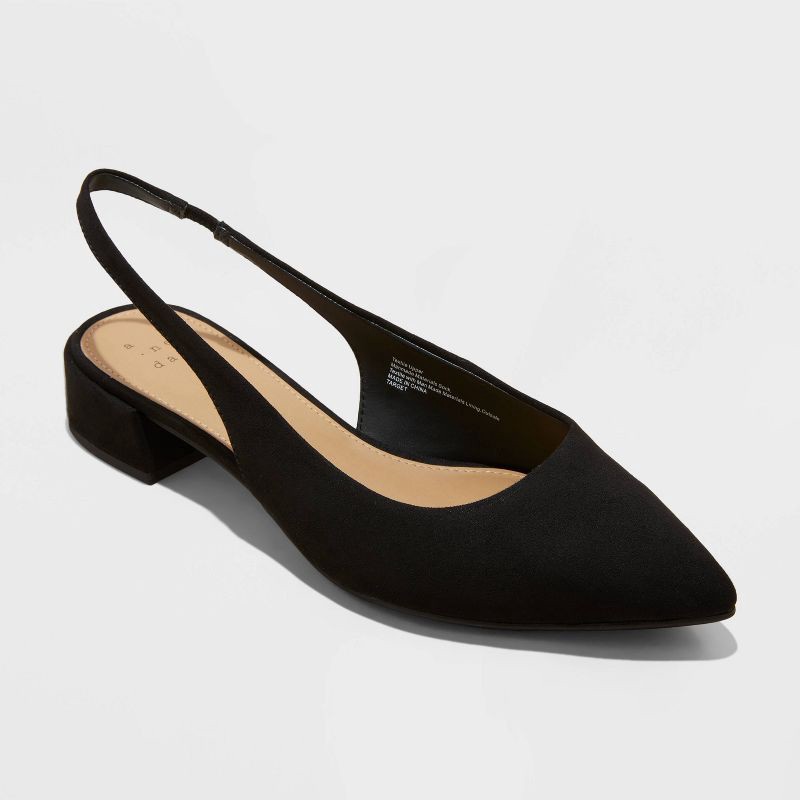 slide 1 of 4, Women's Elle Slingback Pointed Toe Heels - A New Day™ Black 11: Cushioned Insole, Block Heel, Textured Outsole, 1 ct