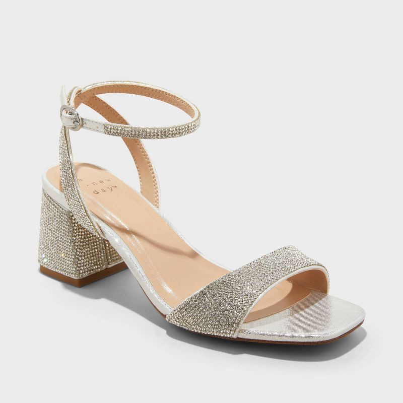 slide 1 of 4, Women's Shannon Heels with Memory Foam Insole - A New Day™ Silver 6: Ankle Strap, Block Heel Sandals, 1 ct