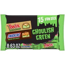 Mars Snickers, Twix Halloween Candy Fun Size Ghoulish Green Chocolate Variety Bag Mix - 8.63oz/15ct