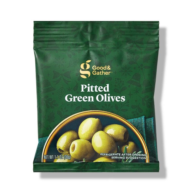 slide 1 of 3, Christmas Green Olives with Garlic - 1.1oz - Good & Gather™, 1.1 oz