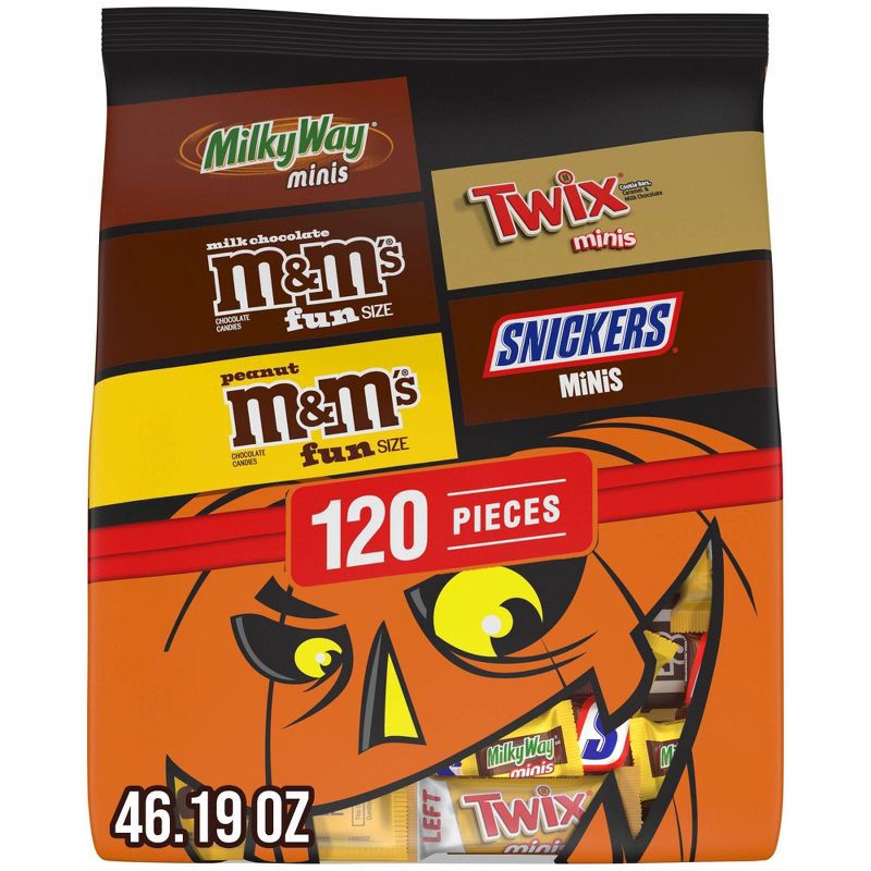 slide 1 of 10, Mars - M&M's, Snickers, Twix & Milky Way Chocolate Halloween Candy Variety Pack Bulk Bag - 46.19oz/120ct, 46.19 oz, 120 ct