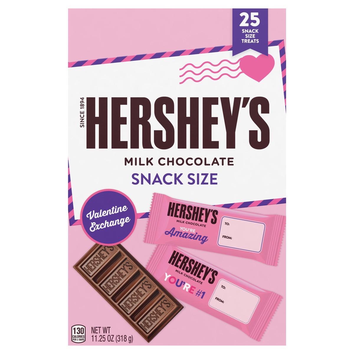 slide 1 of 3, Hershey's Snack Size Valentine Exchange Milk Chocolate 25 ea, 25 ct